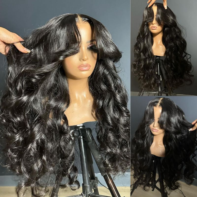Full 250% Density Loose Body Wave Human Hair Wigs 13x4 Ocean Wave Lace Front Wigs with Curtain Bangs-Geeta Hair