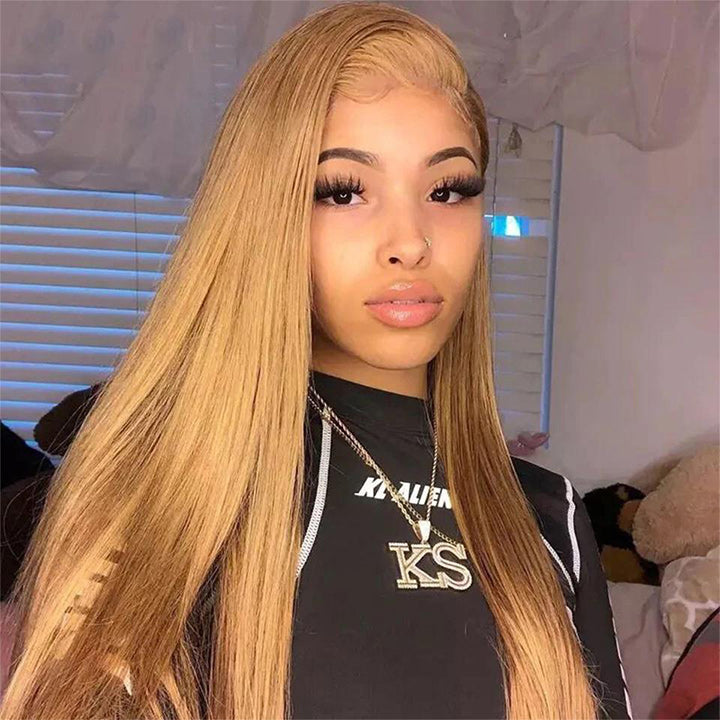 Honey Blonde Straight HD Transparent Lace Front Wig #27 Color Glueless Pre Plucked Hairline Real Human Hair Wigs