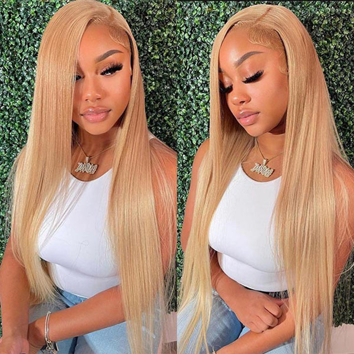 Honey Blonde Straight HD Transparent Lace Front Wig #27 Color Glueless Pre Plucked Hairline Real Human Hair Wigs
