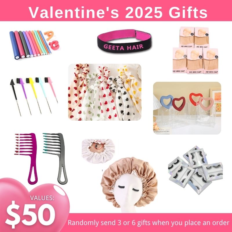 Queen's Day Gifts Package, Includes Random 3-6 Gifts:Love Hair Bands, Love Handbag, Shower Cap, Hot Comb, Wig Cap, 3D Mink Eyelashes, Elastic Headband, Clips, Edge Brush etc