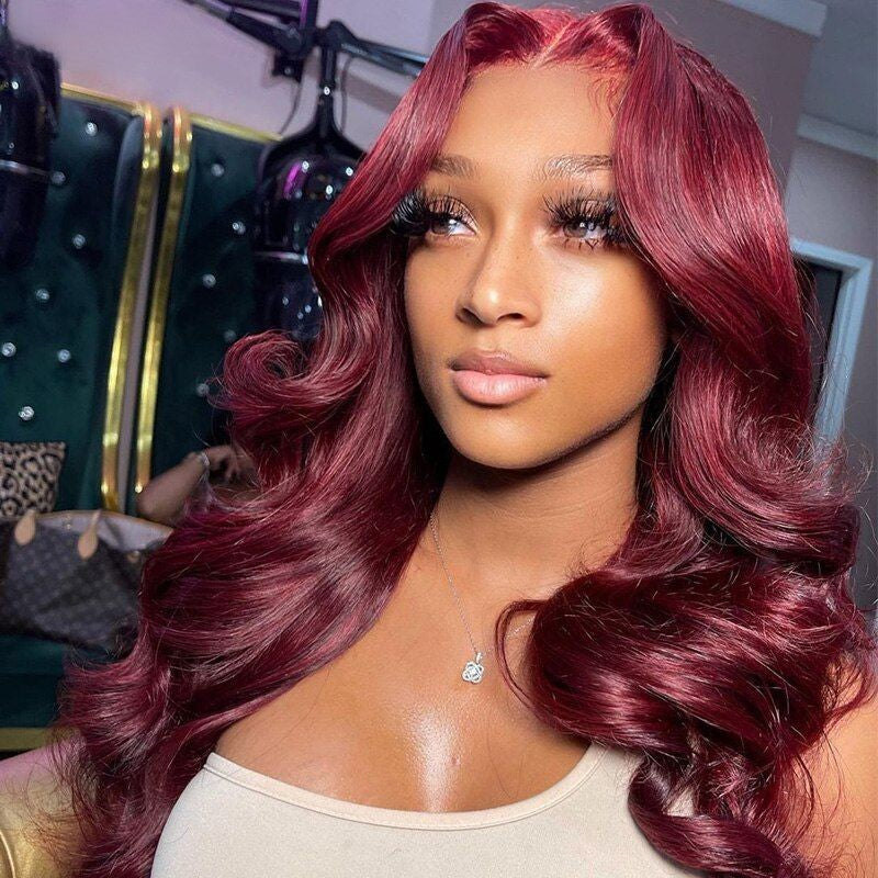 Glueless Wigs 99J Burgundy Body Wave Lace Front Wig Colored Pre Plucked Nature Hairline Human Hair Wigs-GeetaHair