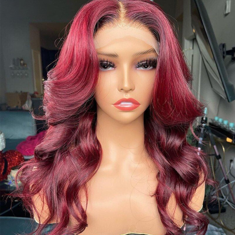 Glueless Wigs 99J Burgundy Body Wave Lace Front Wig Colored Pre Plucked Nature Hairline Human Hair Wigs-GeetaHair