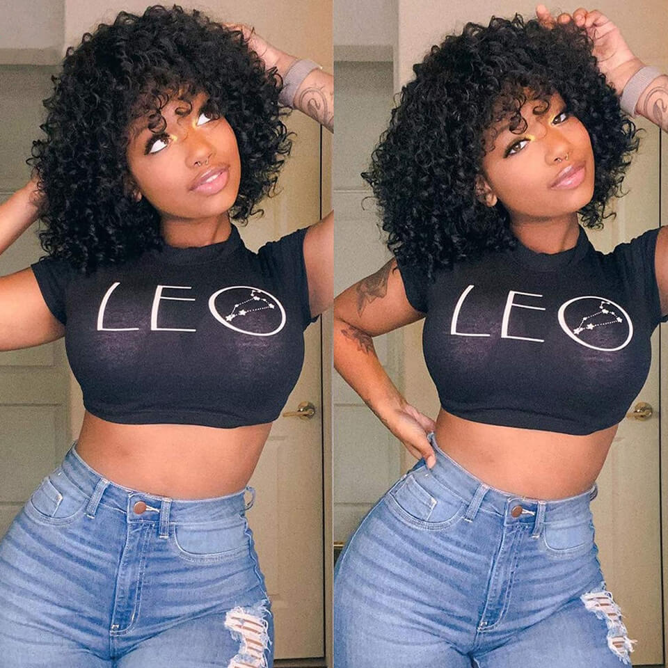 Black Curly Hair Wig With Bangs 100% Unprocessed Brazilian Human Hair Wig-Geeta Hair