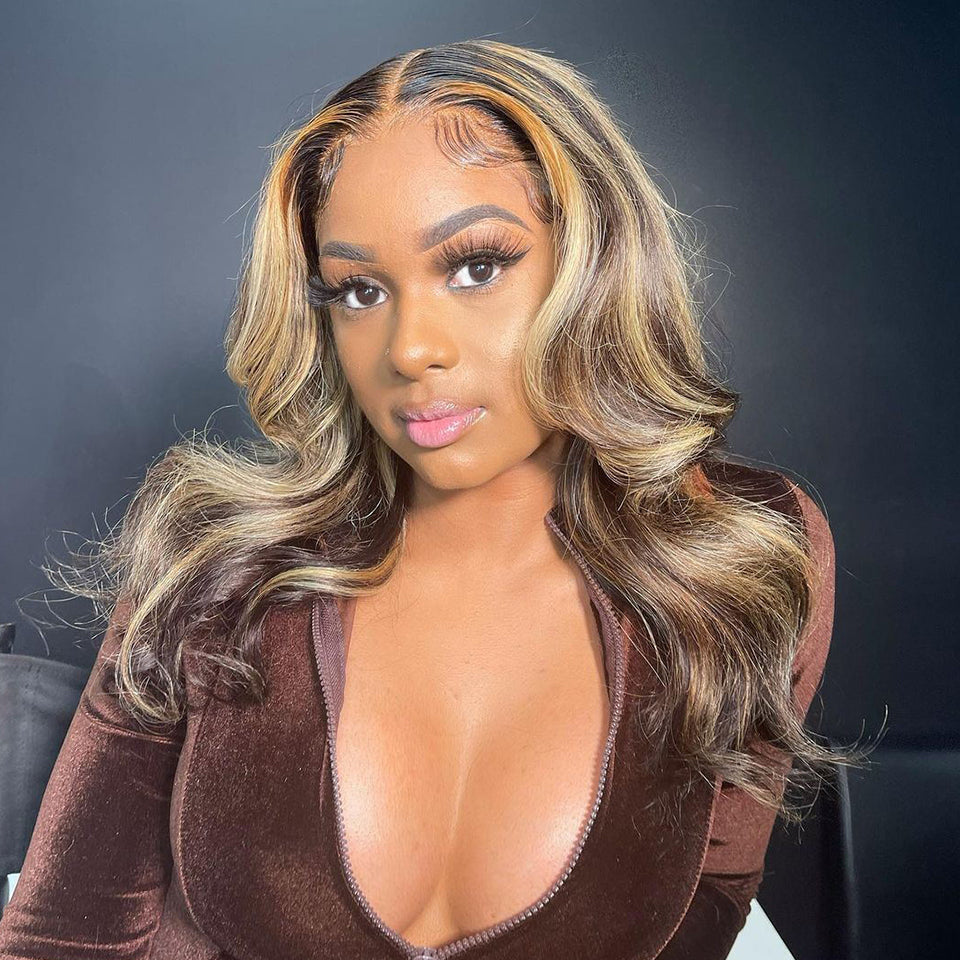 Blonde Balayage on Dark Brown Hair Body Wave Lace Front Wig Highlight HD Transparent Human Hair Wigs