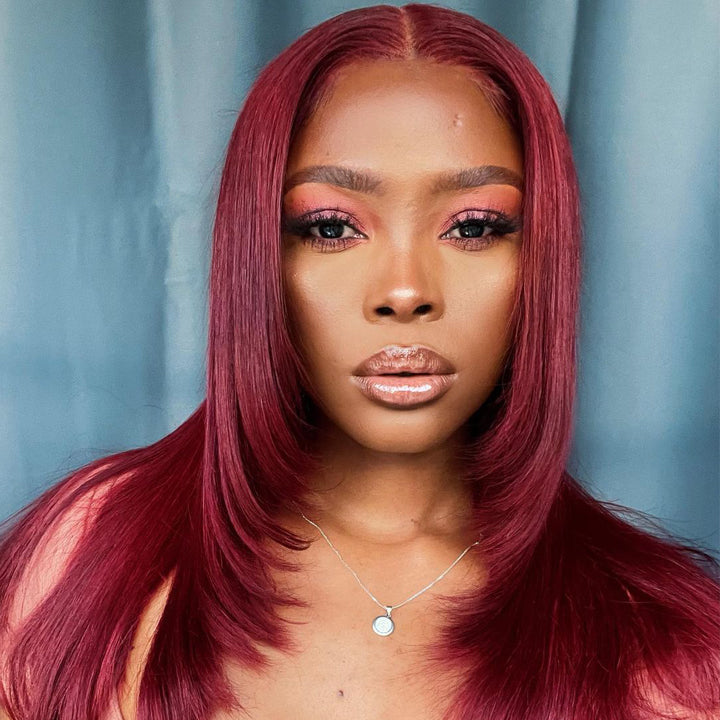 Ginger Layered Straight 13x4 HD Transparent Lace Frontal Wig Ginger/99j Color Butterfly Haircut Human Hair Wigs