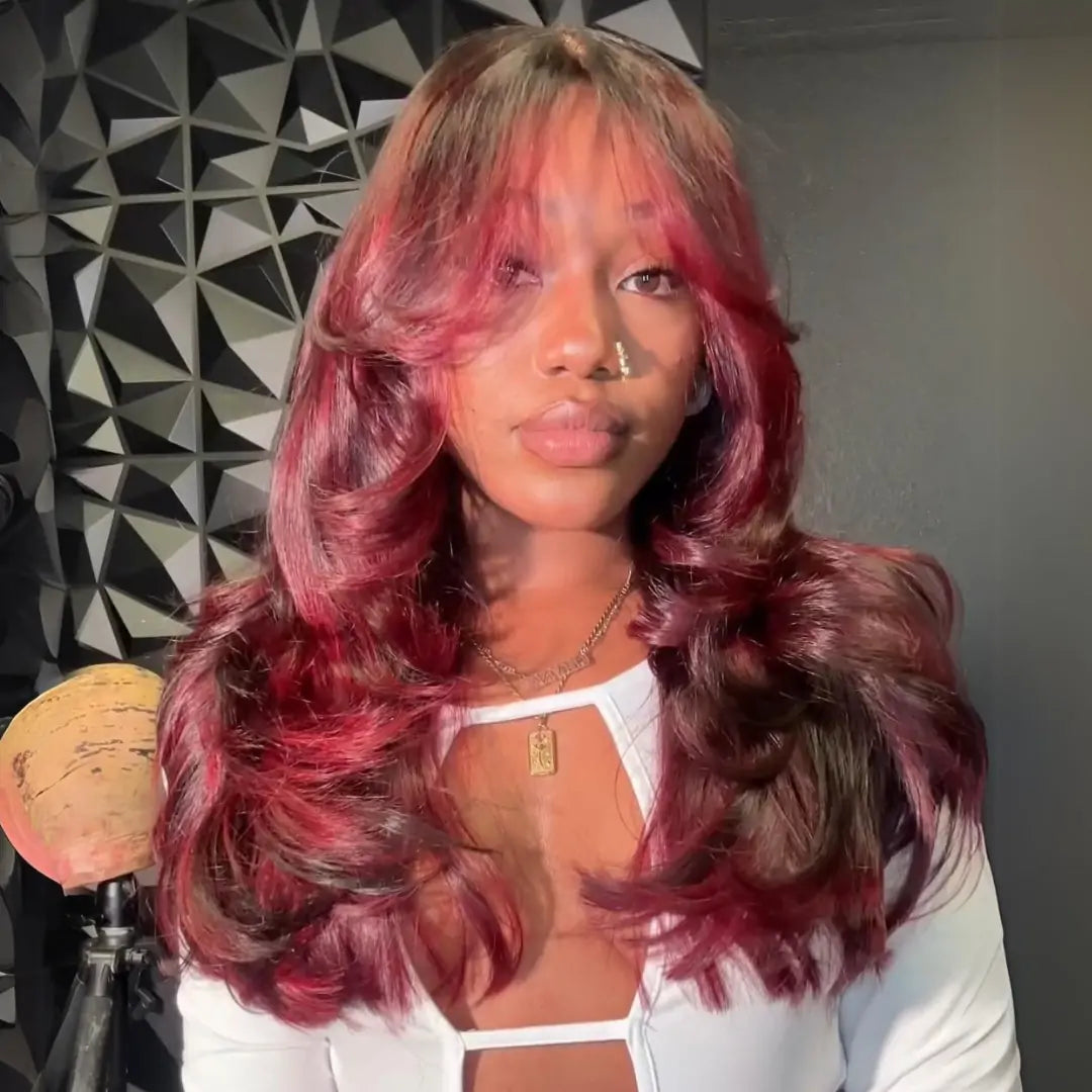 Burgundy Highlight Colored Glueless Wigs Body Wave 13x4 Transparent Lace Front Wig Pre Plucked