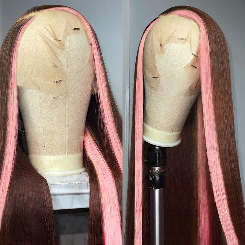 Skunk Stripe 13x4 Lace Front Wig #4 Chocolate Color With Pink Streaks Straight Hair HD Lace Wig 100% Human Hair With Free Part Lace Frontal-Geetahair