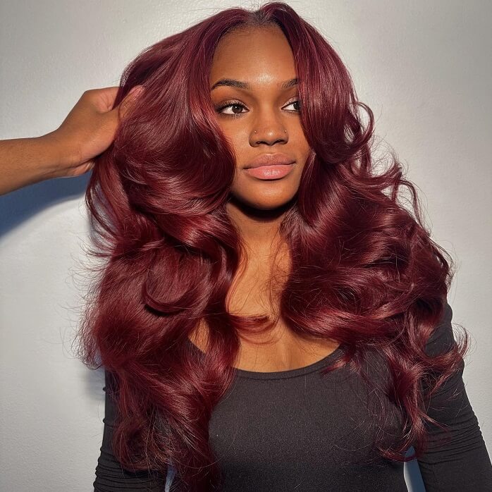 Curtain Bangs Glueless Wigs 99J Burgundy Body Wave Human Hair Wig Wear Go HD Lace Wig