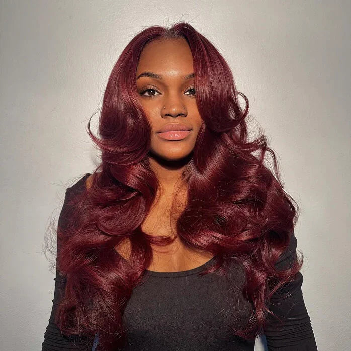Curtain Bangs Glueless Wigs 99J Burgundy Body Wave Human Hair Wig Wear Go HD Lace Wig