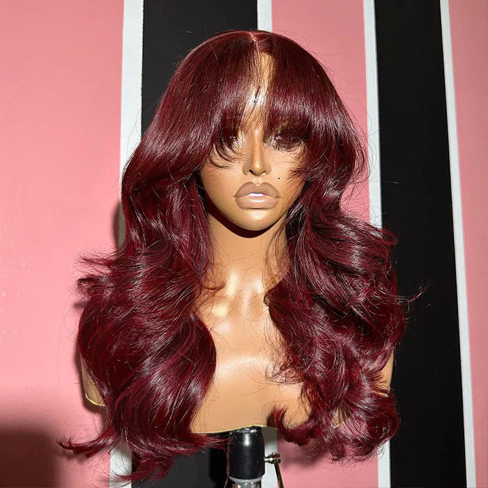 Curtain Bangs Glueless Wigs 99J Burgundy Body Wave Human Hair Wig Wear Go HD Lace Wig