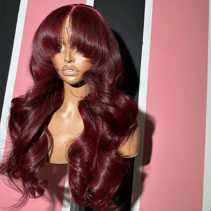 Curtain Bangs Glueless Wigs 99J Burgundy Body Wave Human Hair Wig Wear Go HD Lace Wig