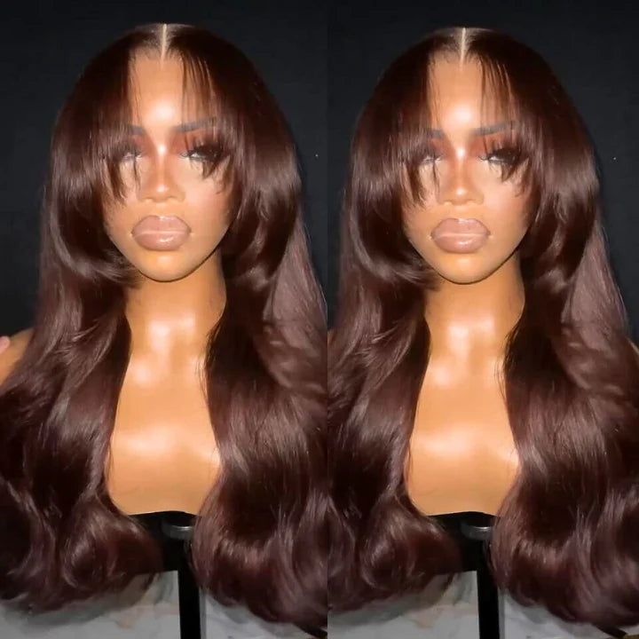 Curtain Bangs Glueless Wigs Body Wave Lace Front Wig Brown Colored Wig 180% Density