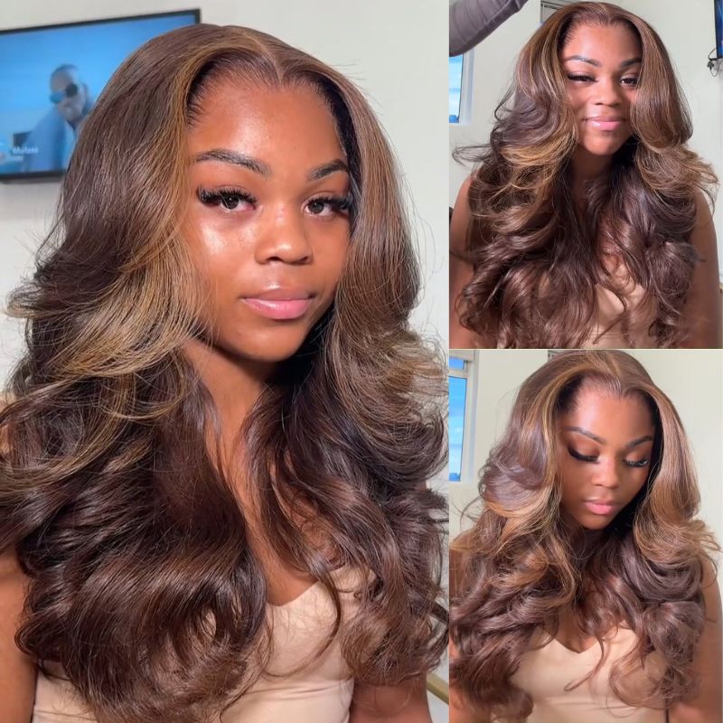 Dark Brown With Highlights Loose Body Wave Wig 13x4 Glueless Wigs Human Hair Pre Plucked 250% Density