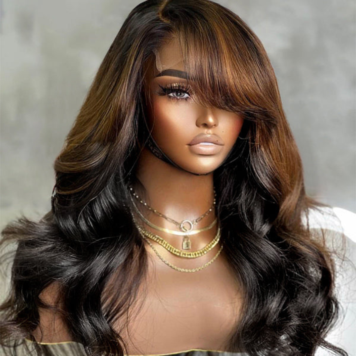 Funky Colored Wigs | Glueless 13x4/6x4.5 Money Piece Brown Mix Black Loose Wave Pre Cut HD Transaparent Lace Human Hair Wigs-Geeta Hair