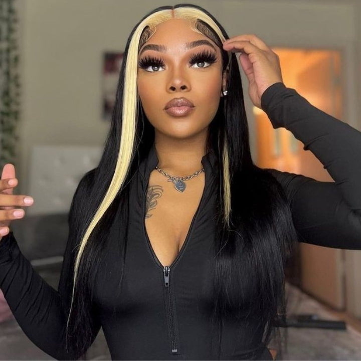 13x4 Lace Frontal Skunk Stripe Wig #613/Black Color Highlight Straight Hair Lace Front Wigs-GeetaHair