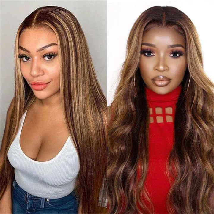 GeetaHair Highlight P4/27 Straight/Body Wave Human Hair 3 Bundles With 4x4 Lace Closure 100% Human Hair Extension Weaves