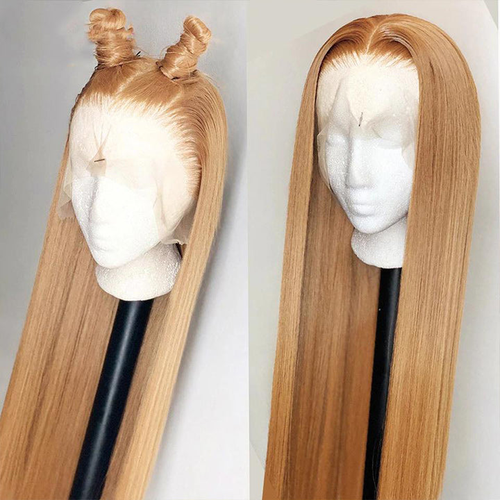 Honey Blonde Straight HD Transparent Lace Front Wig #27 Color Glueless Pre Plucked Hairline Real Human Hair Wigs