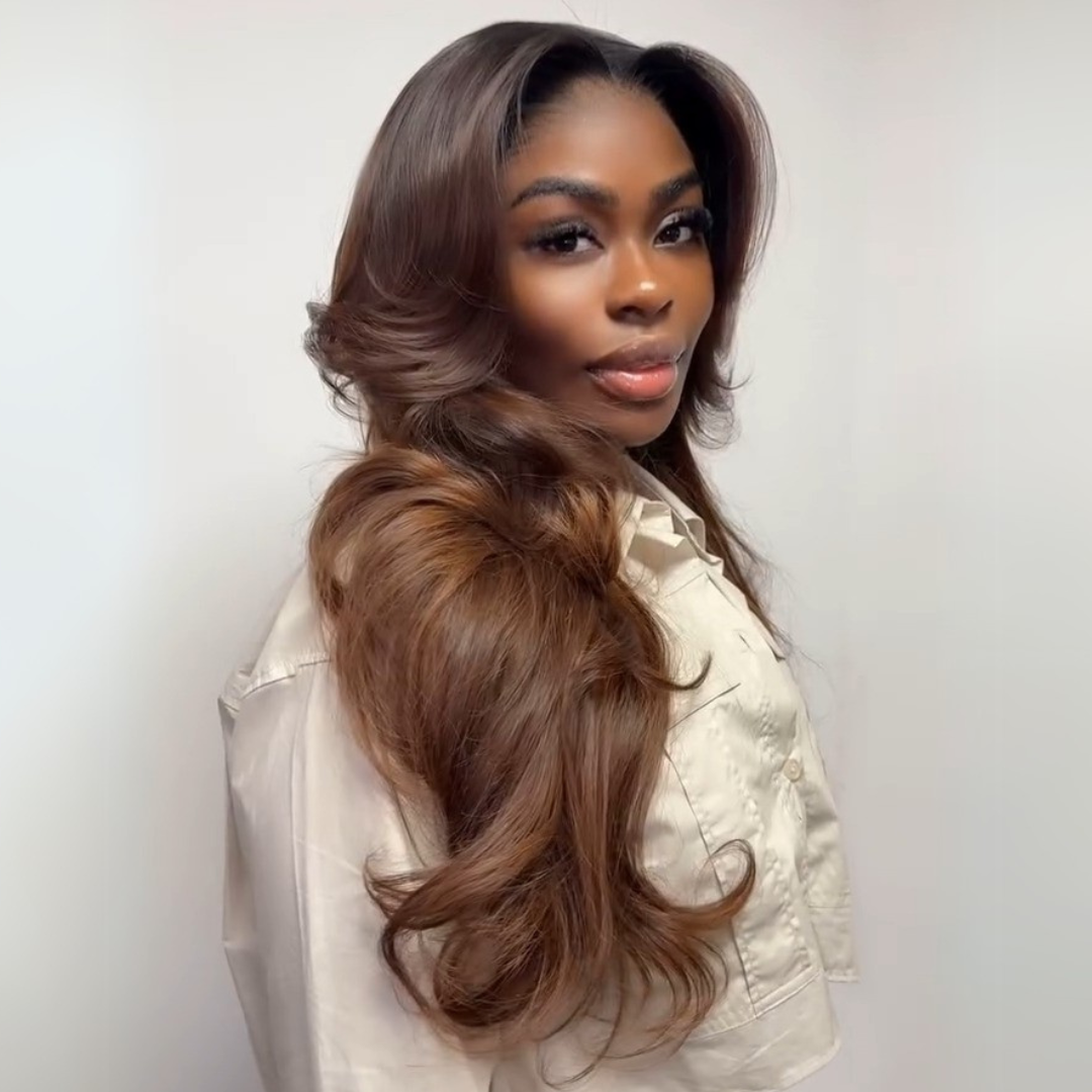 Layered Cut With Curtain Bangs Glueless Wigs Brown Higlight Long Wavy 13x4 Lace Front Human Hair Wigs 250% Density