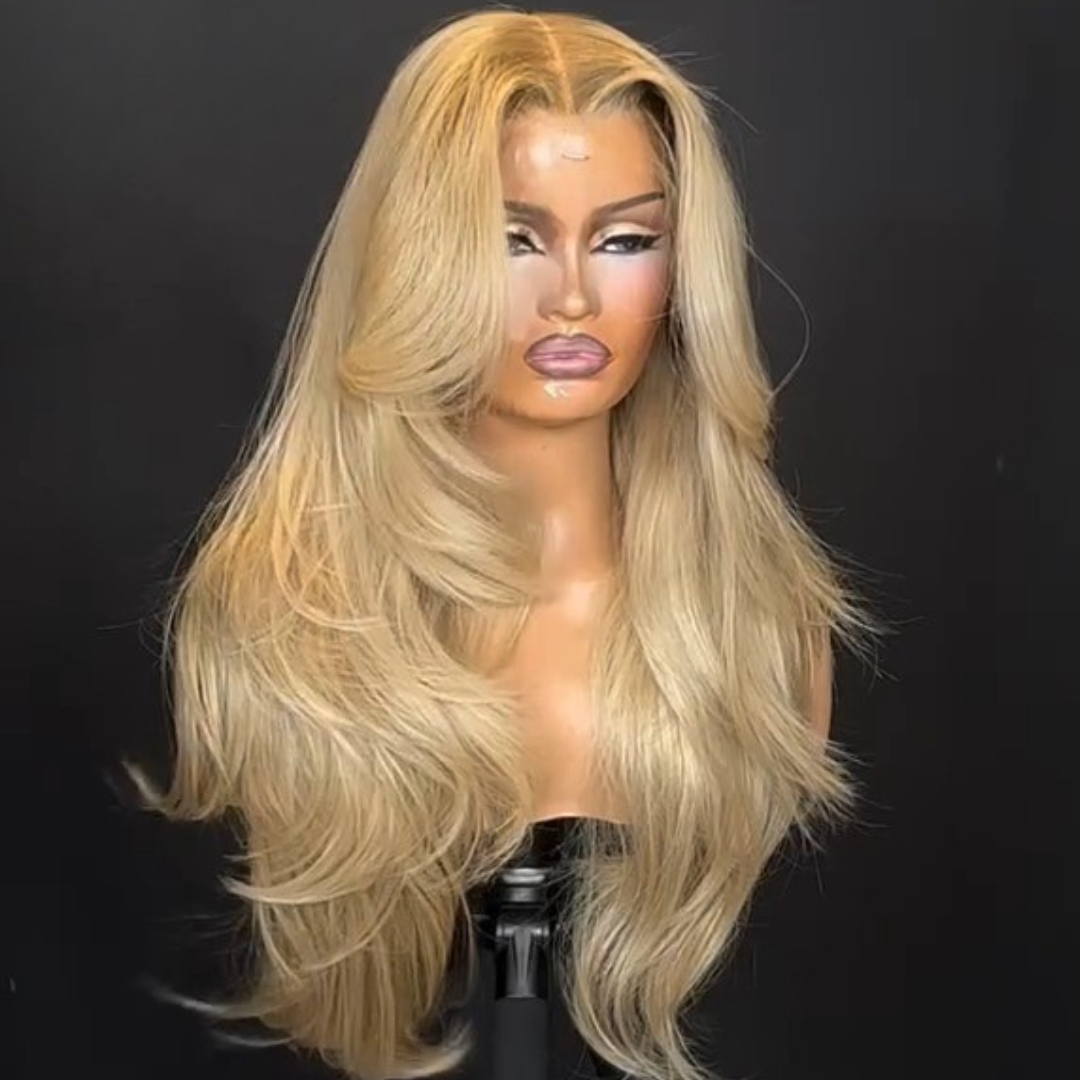 Long Wavy Bangs Golden Blonde Lace Front Wigs 13x4 Natural Wavy Glueless Wigs Pre Plucked 250% Density