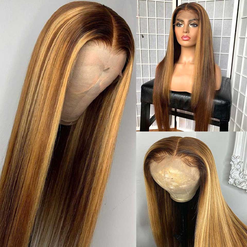 Long Straight Hair Honey Blonde Highlights T Part Lace Front Wig Pre Plucked With Baby Hair 100% Virgin Humam Hair Wig-Geeta Hair