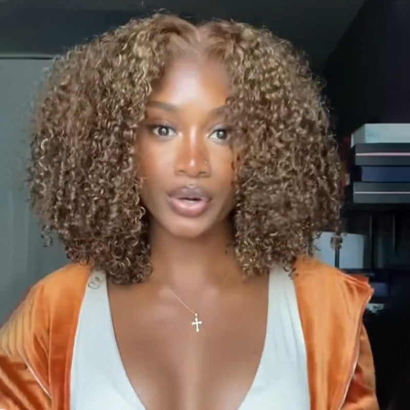 Luxury Designer Series Elegant 180% Density Curly Brown Bob Wig Brazilian Virgin Human Wigs with 4x4 Lace for Women Natural Hairline Wigs-GEETA HAIR