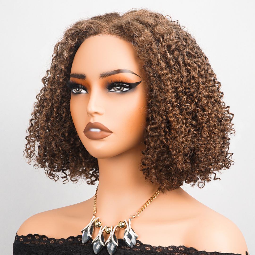 Luxury Designer Series Elegant 180% Density Curly Brown Bob Wig Brazilian Virgin Human Wigs with 4x4 Lace for Women Natural Hairline Wigs-GEETA HAIR