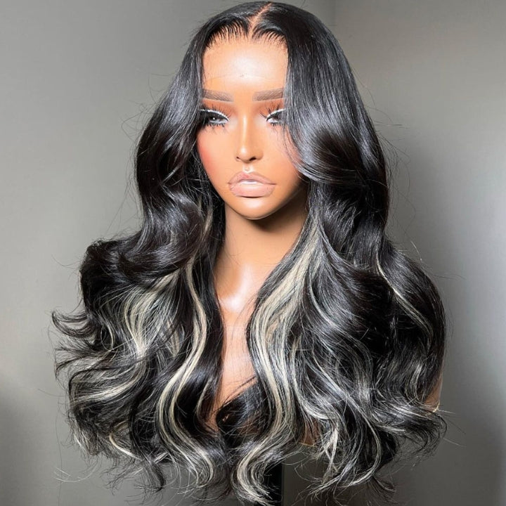 Funky Colored Wigs | Glueless 13x4/6x4.5 Money Piece Light Blonde Mix Black Body Wave Pre Cut HD Transaparent Lace Human Hair Wigs With Breathable Cap Highlights Air Wig-Geeta Hair