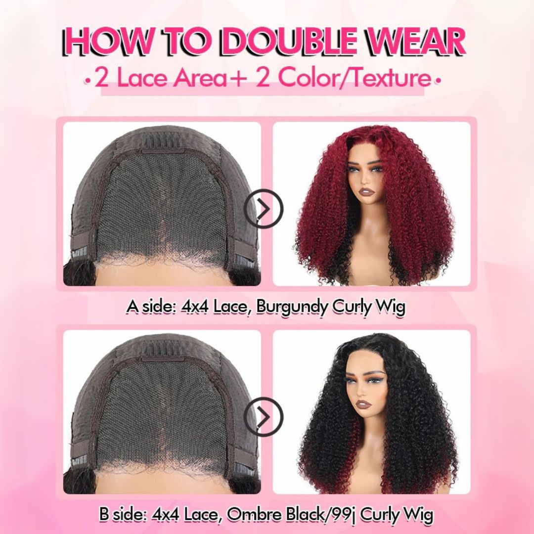 New Dual Sided 2 In 1 Wig Resilient Curly Natural Color & 99J Burgundy Glueless Wig Flip & Go Fast Transformation Human Hair Wigs