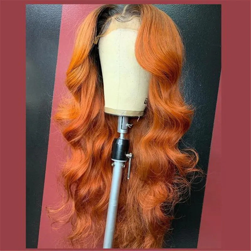 Orange Ginger Body Wave Wig With Black Roots Pre Plucked Natural Hairline Glueless Real Human Hair Wigs