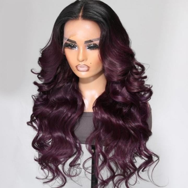 Funky Colored Wigs | Smokey Deep Purple 13x4 Lace Front Body Wave Wig With Black Roots Ombre Colored HD Lace Human Hair Wigs-Geeta Hair
