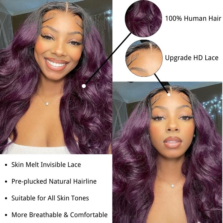 Funky Colored Wigs | Smokey Deep Purple 13x4 Lace Front Body Wave Wig With Black Roots Ombre Colored HD Lace Human Hair Wigs-Geeta Hair