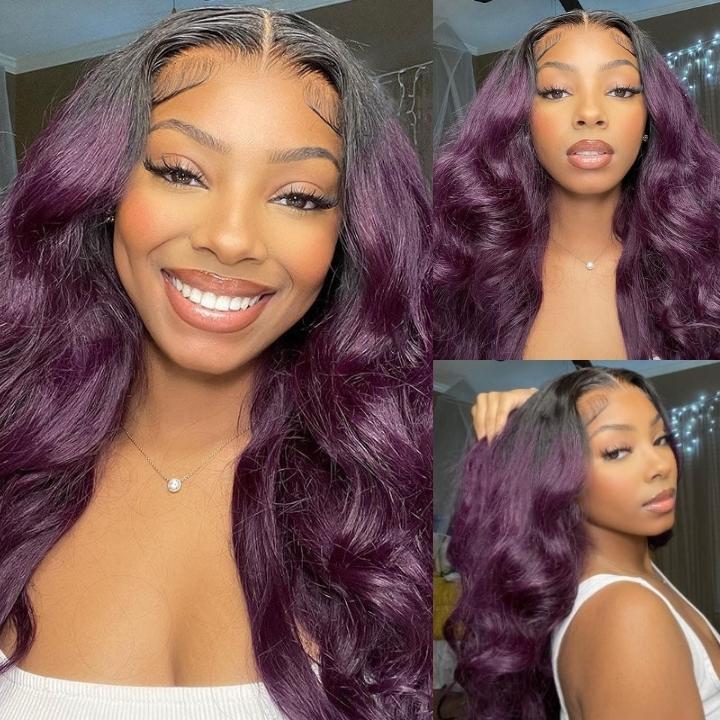 Funky Colored Wigs | Smokey Deep Purple 13x4 Lace Front Body Wave Wig With Black Roots Ombre Colored HD Lace Human Hair Wigs-Geeta Hair