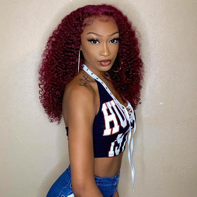 50%+Extra $100 OFF : 99j Burgundy Hair 13x4 HD Lace Kinky Curly Lace Front Wig-Flash Sale, Only 2 Days