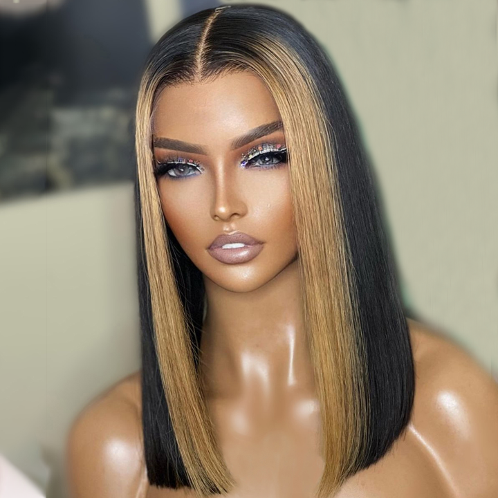 Geeta Skunk Stripe Bob Wig 13x4 Blond Highlight Straight Bob Lace Front Wigs Short Human Hair Bob Wigs