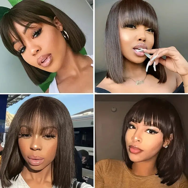 Flash Sale Glueless Real Human Hair Wig Short Straight Hair Bob Wig With Bangs Black Color-Geeta Hair