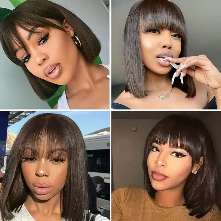Flash Sale Glueless Real Human Hair Wig Short Straight Hair Bob Wig With Bangs Black Color-Geeta Hair