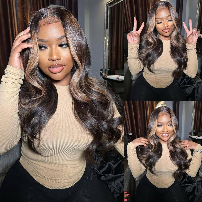 Money Piece Brown Body Wave HD Transparent Lace Front Wigs Glueless Skunk Stripe Color Human Hair Wigs-GeetaHair