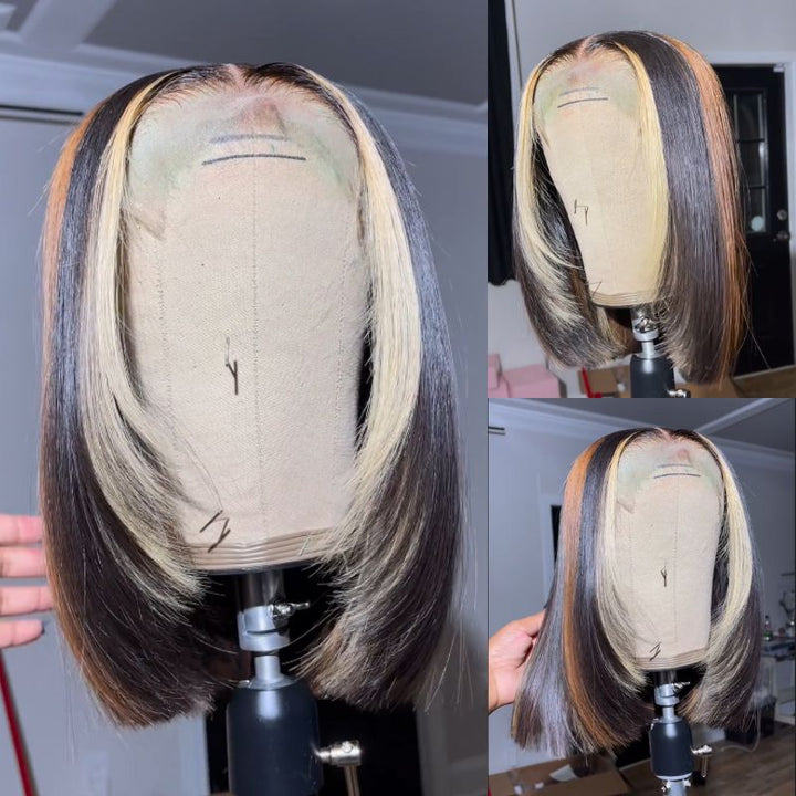 Layered Cut Wigs Straight Bob Human Hair Wigs Blonde With Brown Short Bob Lace Front Wig