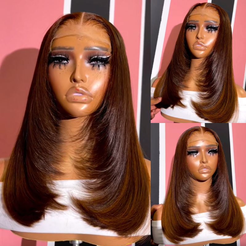 Chocolate Brown Short Bob Wig Layered Straight Human Hair Wigs 13X4 Lace Wigs For Black Women 180% Density Human Hair Lace Frontal Wigs