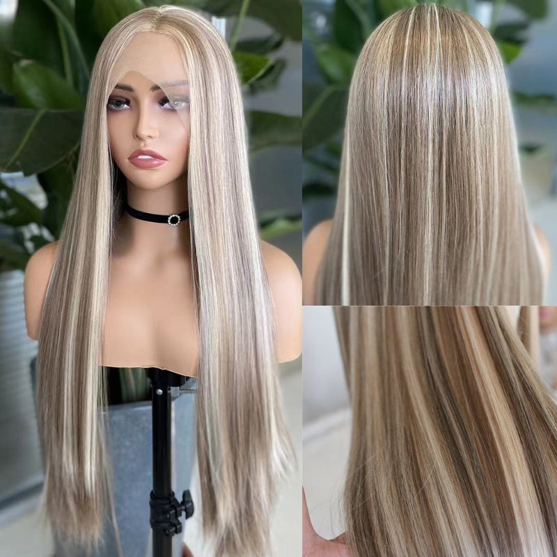Straight Balayage HD Lace Front Wig Ash Blonde Colored Human Hair Wigs With Highlights