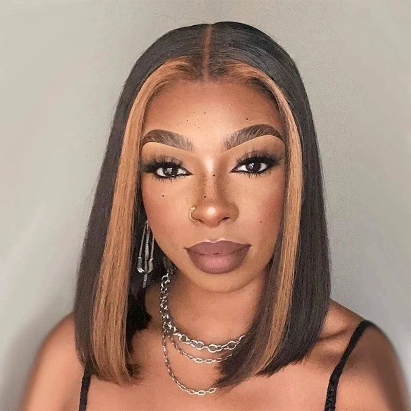 Skunk Stripe Hair Straight Lace Front Bob Wig With Brown Highlight HD Transparent Lace Human Hair Bob Wigs