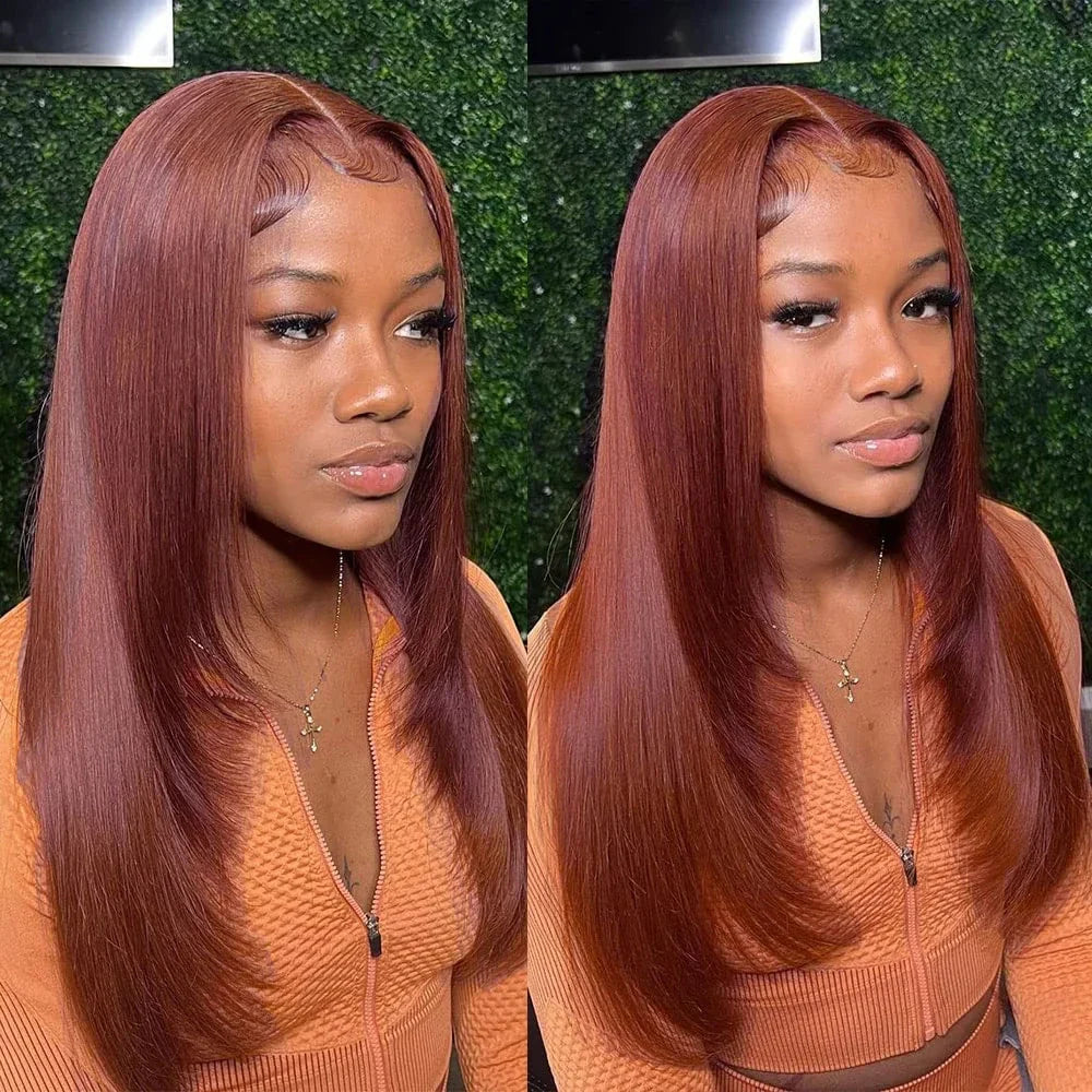 Layered Straight 13x4/4x4 Reddish Brown Lace Frontal Wig HD Transparent Human Hair Wigs Auburn Colored 33# Wig-Geeta Hair