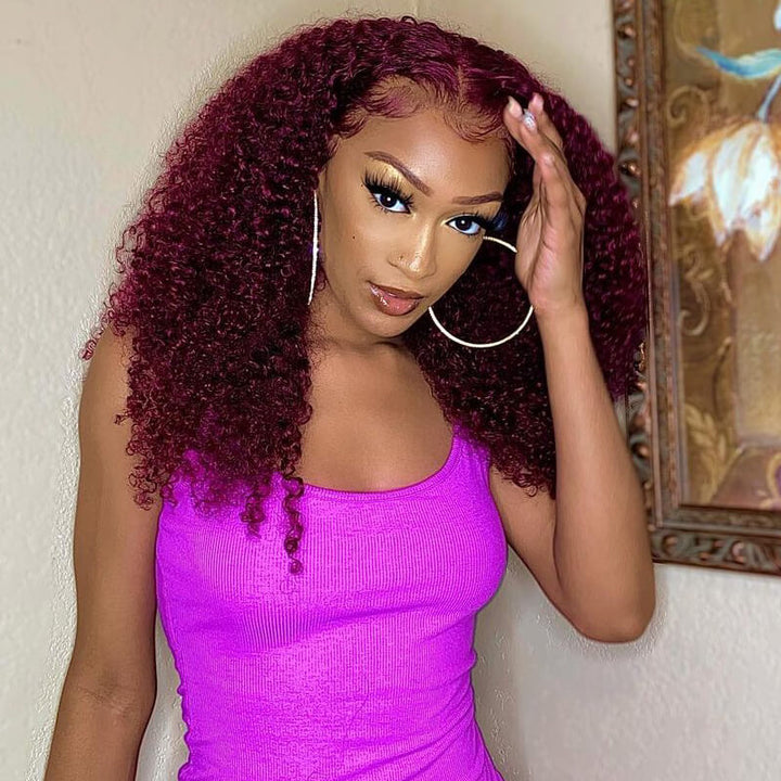 50%+Extra $100 OFF : 99j Burgundy Hair 13x4 HD Lace Kinky Curly Lace Front Wig-Flash Sale, Only 2 Days