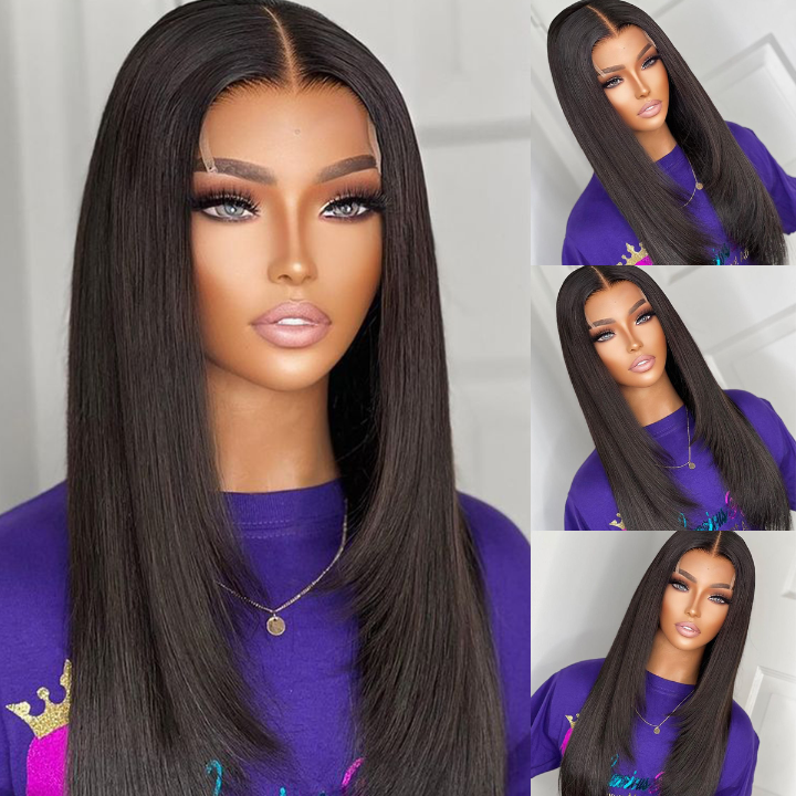 13x4 HD Straight Layered Wig Pre Plucked Natural Hairline Human Hair Wigs Yaki Straight with Layers Lace Front Wig