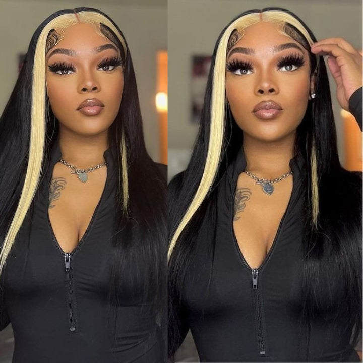 13x4 Lace Frontal Skunk Stripe Wig #613/Black Color Highlight Straight Hair Lace Front Wigs-GeetaHair
