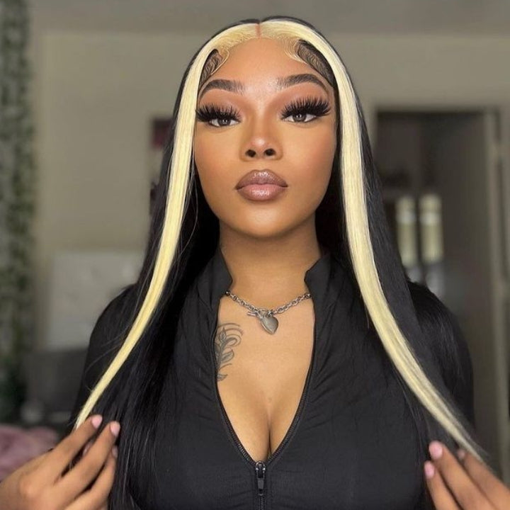 13x4 Lace Frontal Skunk Stripe Wig #613/Black Color Highlight Straight Hair Lace Front Wigs-GeetaHair