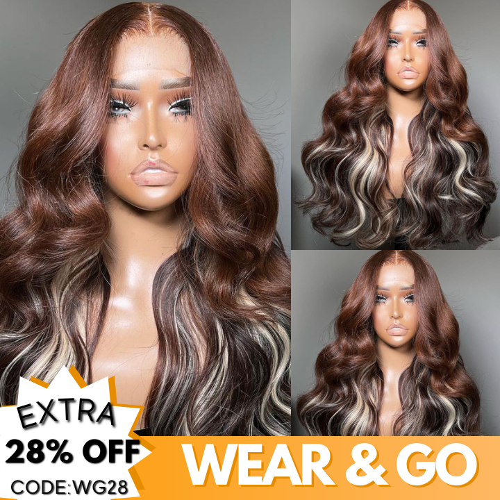 Funky Colored Wigs | Glueless 13x4/6x4.5 Money Piece Light Blonde Mix Black Body Wave Pre Cut HD Transaparent Lace Human Hair Wigs With Breathable Cap Highlights Air Wig-Geeta Hair