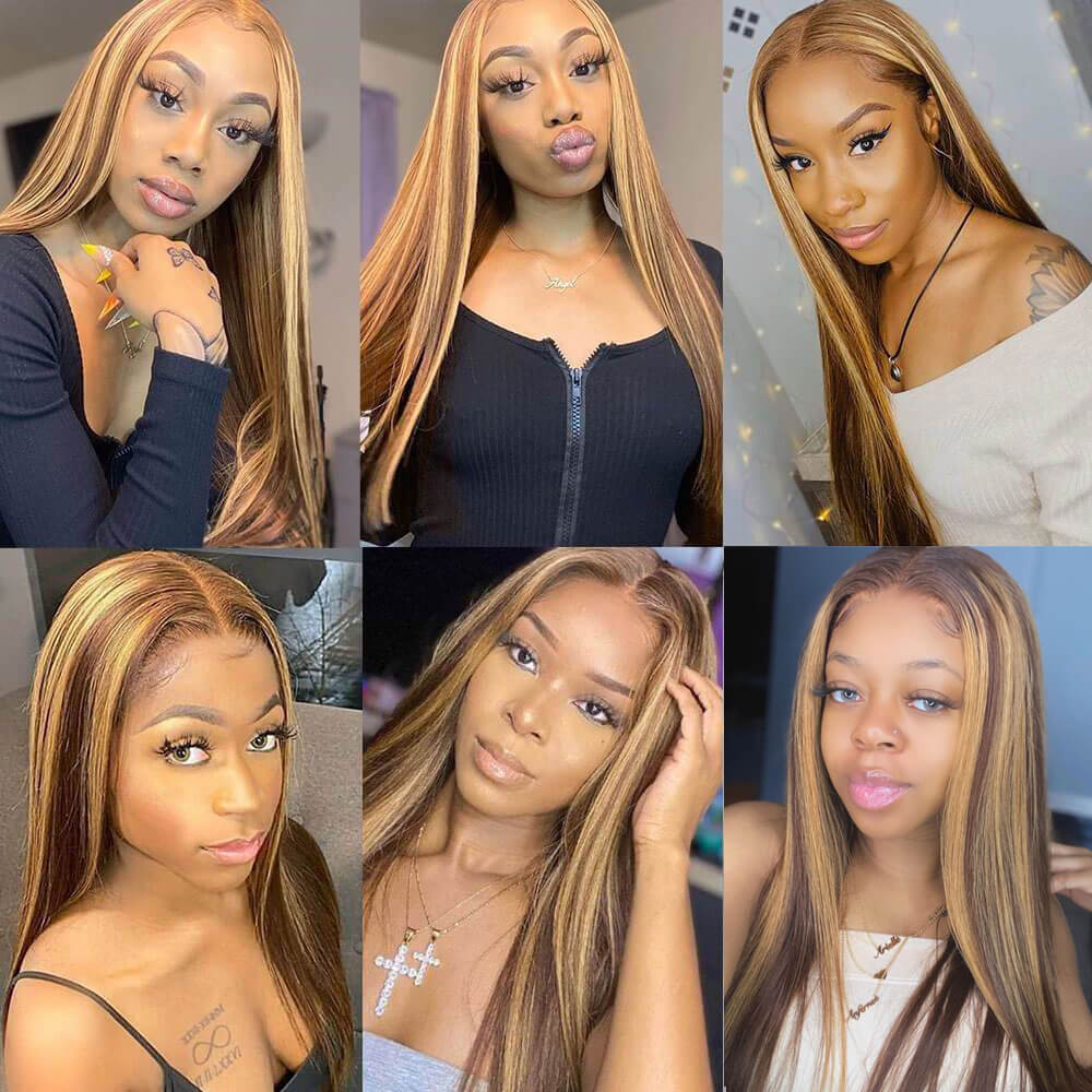Straight Hair Honey Blonde Highlight Wig 13x4 HD Transparent Lace Human Hair Wigs Pre Plucked With Baby Hair-Geetahair
