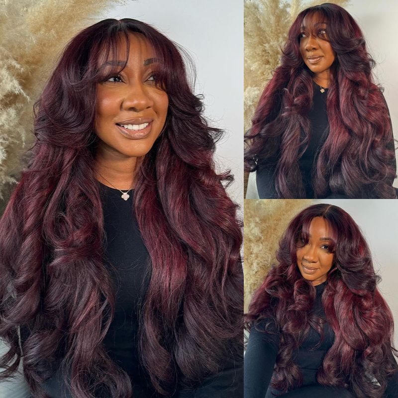 Curtain Bangs Body Wave Wig Dark Burgundy 99J Lace Front Human Hair Wigs 180% Density