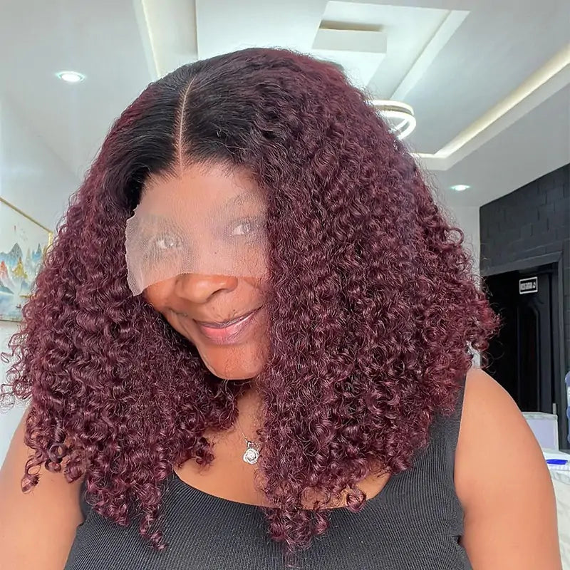 1B/99J Short Curly Bob Lace Front Wigs 13x4 Burgundy Lace Frontal Wigs Wine Red Glueless Pre Plucked